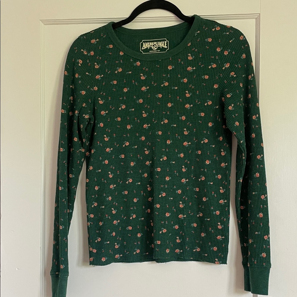 American Eagle Outfitters Forest Green Floral Ribbed Top